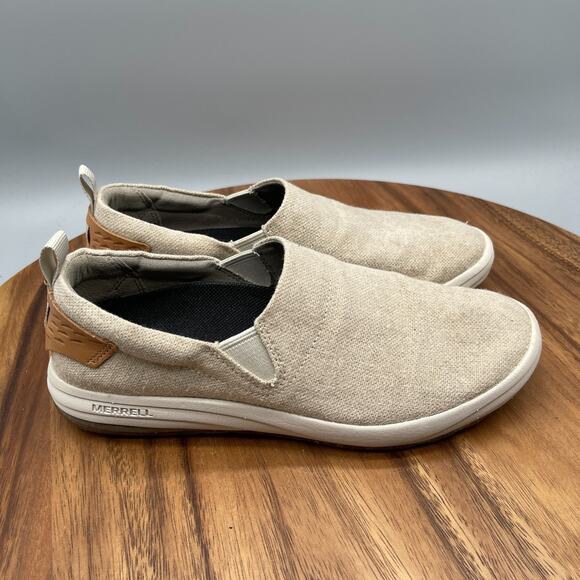 Merrell Gridway Moc Shoes Womens Size 6 Tan Canvas Slip On Vibram Sneakers - Picture 1 of 8